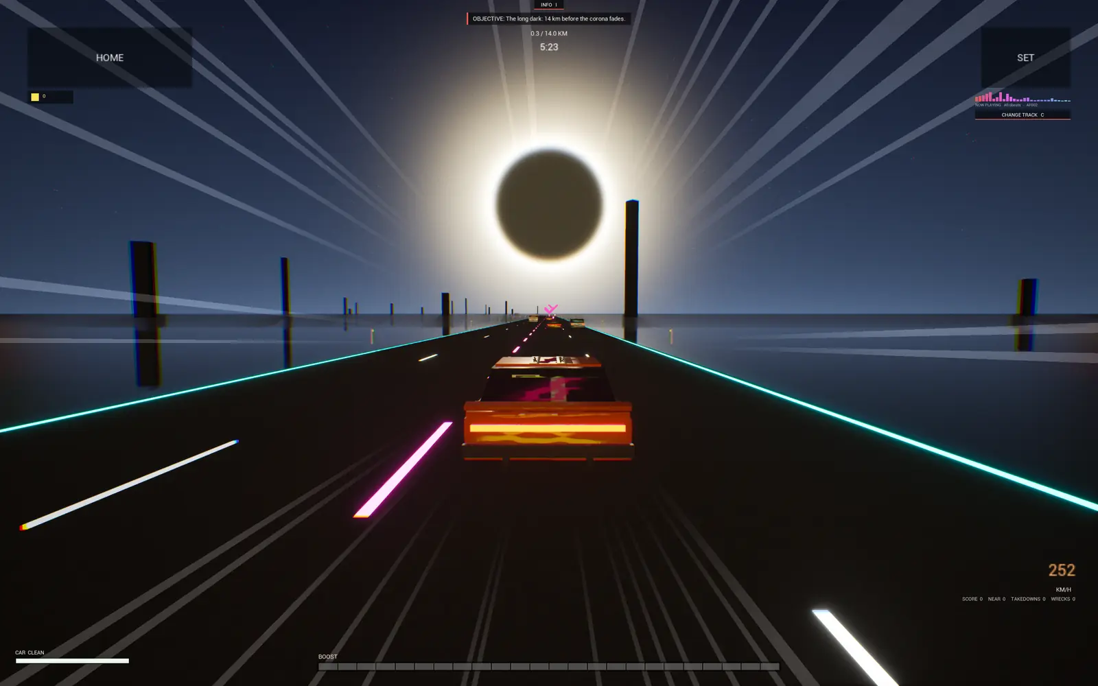 Racing an open highway under a total eclipse