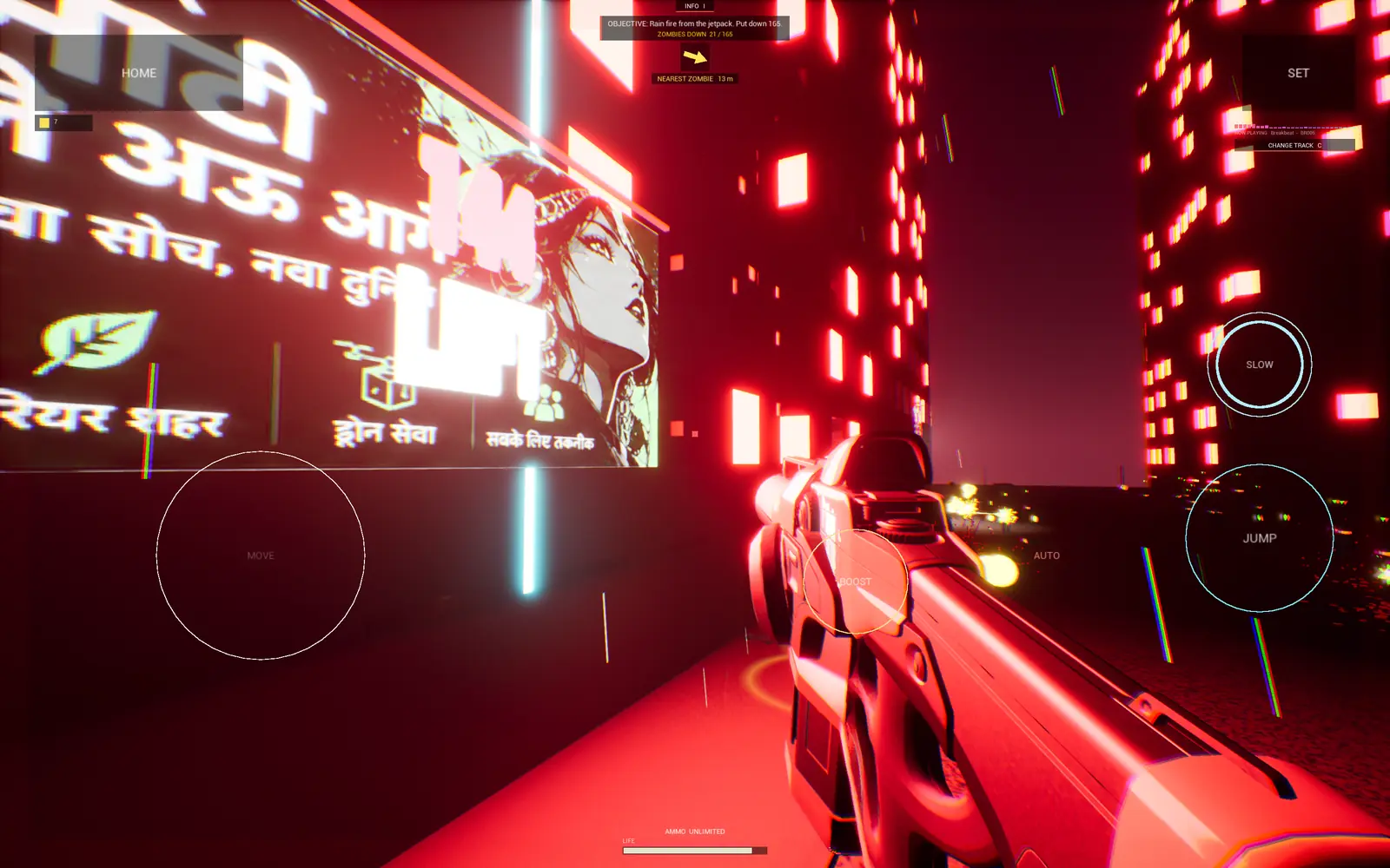 Jetpack combat above a red neon city