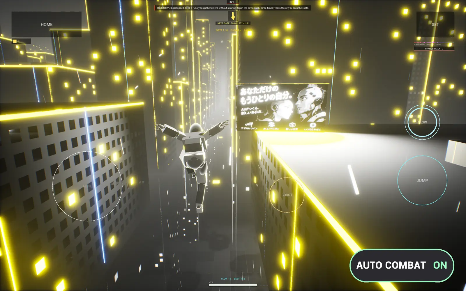 Light-speed parkour between gold neon towers