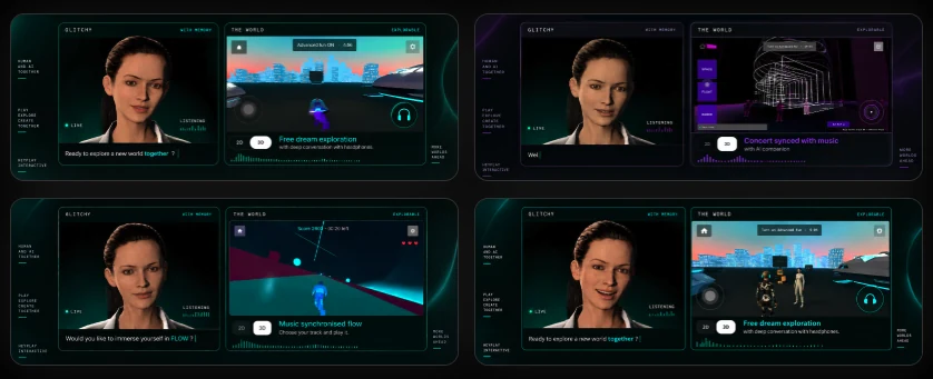 Four CitizenZero sessions side by side: Glitchy listening and talking on the left of each panel, and the world on the right — free dream exploration, a concert synced with music, a music-synchronised flow run, and a crowd scene explored with headphones